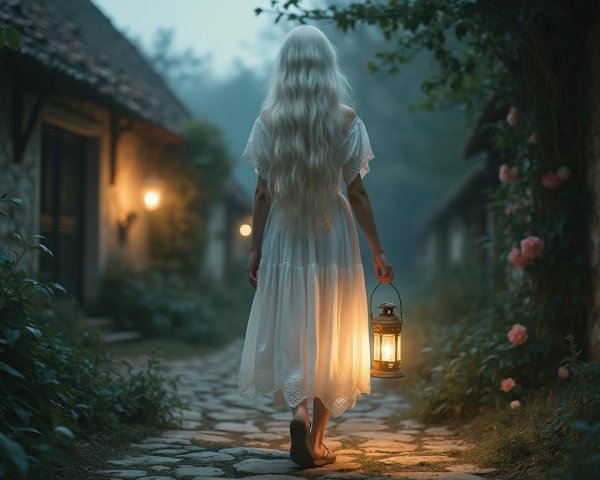 Young woman in white dress on misty cobblestone path
