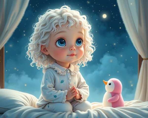 Child with Curly White Hair Gazing at Starry Sky