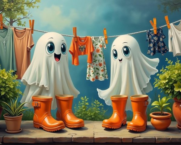 Cartoonish ghosts among colorful clothes and plants