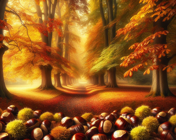 Autumn Pathway with Colorful Leaves and Chestnuts