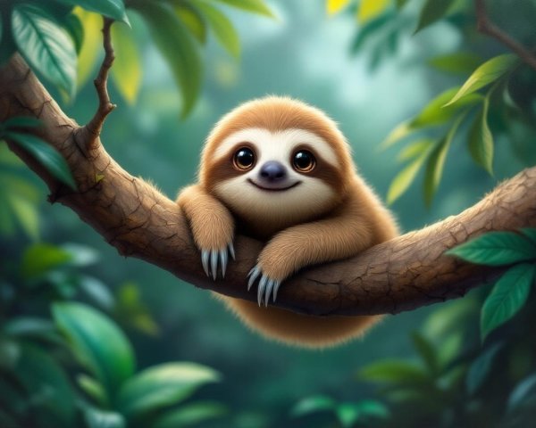 Cartoonish sloth resting on a branch in a jungle