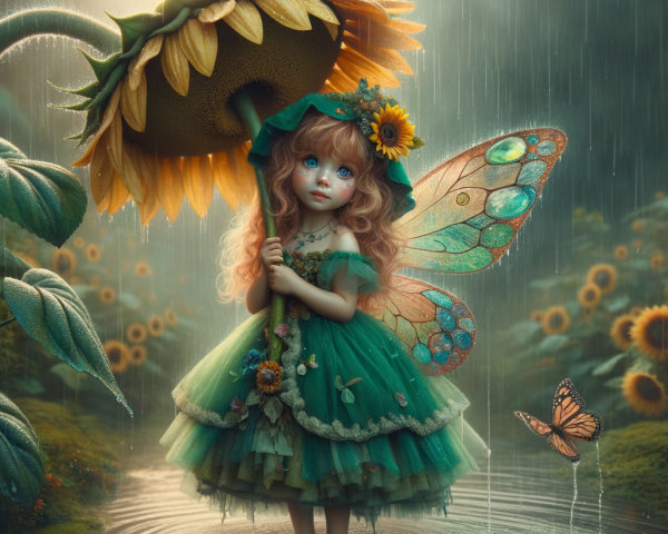Fairy Girl in Meadow with Sunflower Umbrella and Wings