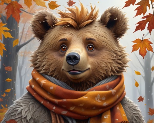 Cheerful bear in autumn forest with vibrant leaves
