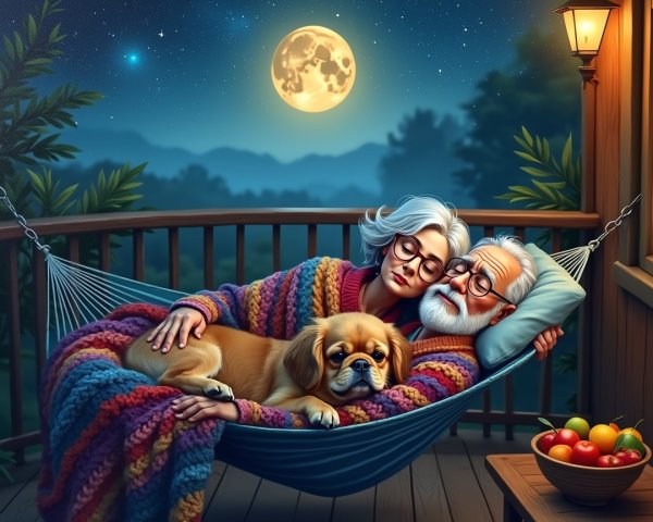 Elderly couple in hammock under moonlit sky