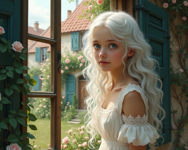 Young Woman with White Hair by Window with Roses