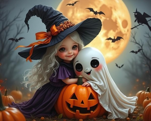 Halloween Scene with Witch, Ghost, and Pumpkin