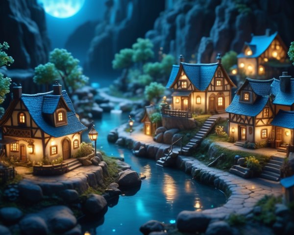 Miniature Village Between Cliffs Under Glowing Moon