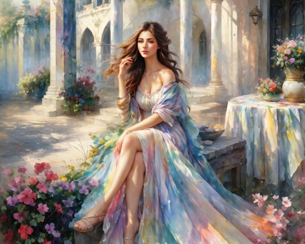 Serene Woman in Pastel Gown Surrounded by Garden