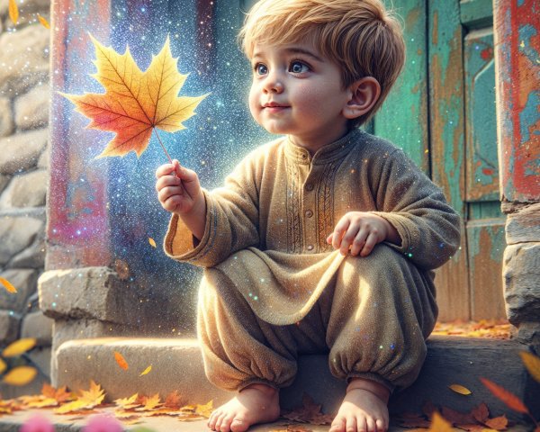 Young boy with autumn leaf on stone steps