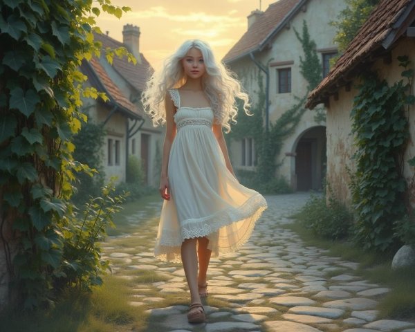 Young woman in white dress on cobblestone path