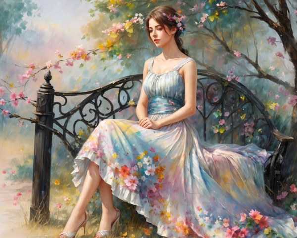 Young Woman on Bench Amidst Cherry Blossoms