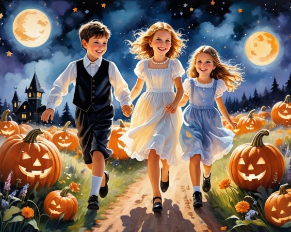 Children Running on a Moonlit Path with Pumpkins