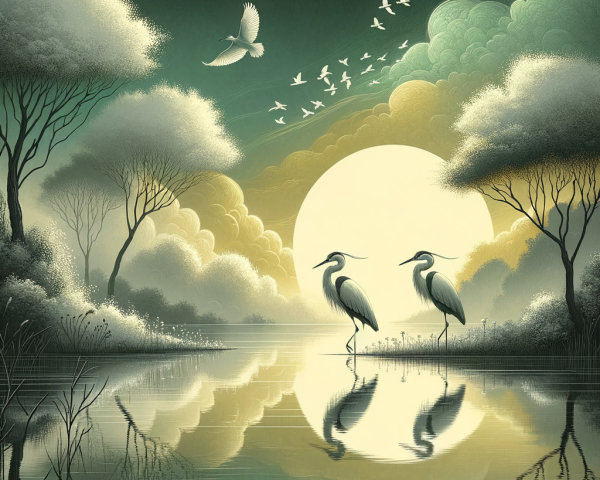 Serene Landscape with Herons by a Tranquil Lagoon