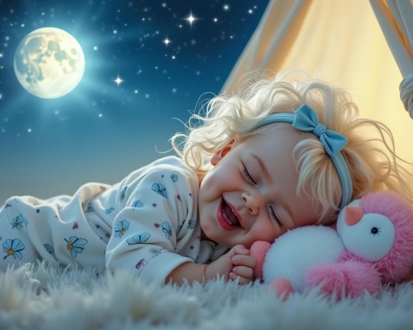 Cheerful Toddler Sleeping in Cozy Tent Under Stars