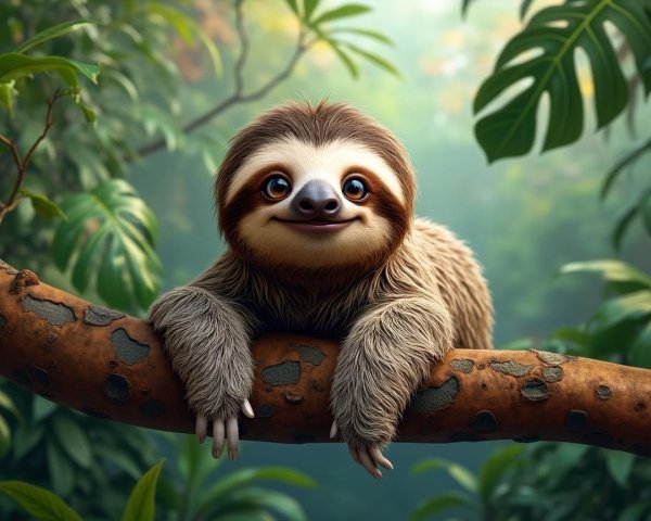Cartoon Sloth Hanging in a Lush Green Forest