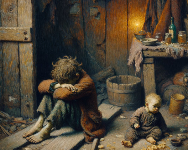 Somber Interior of Two Children in a Dilapidated Room