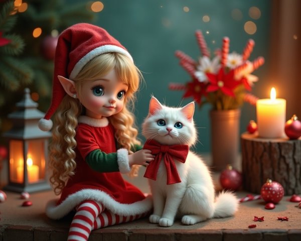 Elf Girl with Cat Surrounded by Christmas Decor