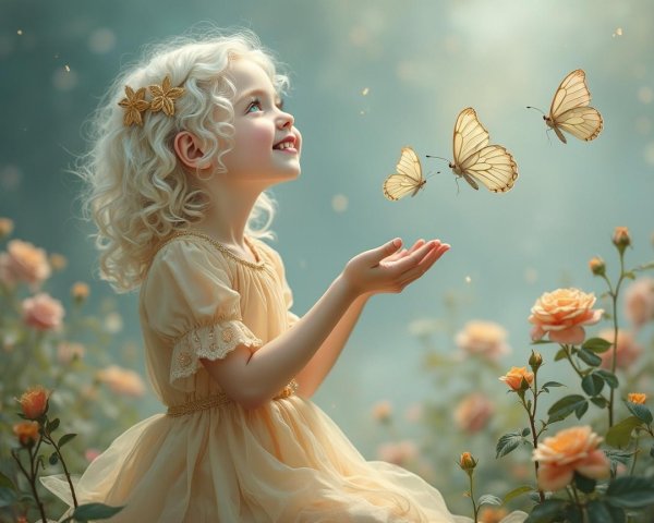Whimsical Garden Scene with Joyful Young Girl