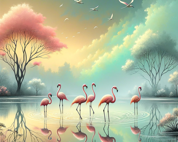 Serene Dawn Landscape with Flamingos and Tranquil Lake