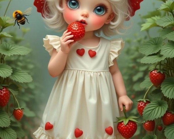Whimsical Girl in Strawberry Field with Bees