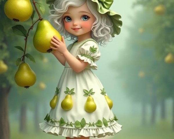 Charming girl in orchard with pear tree and bee