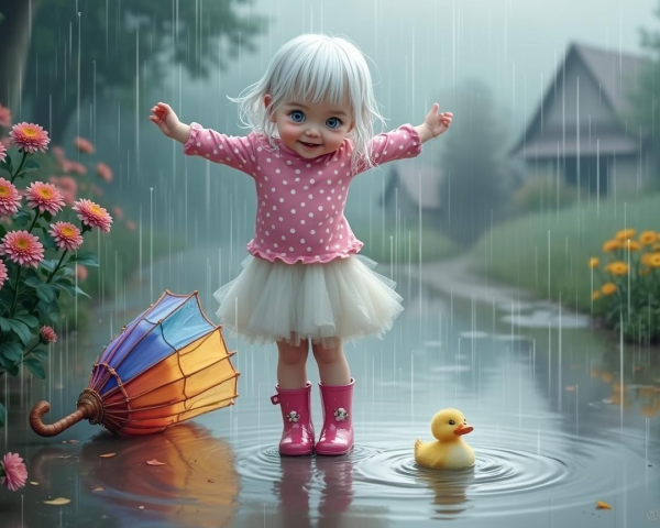 Cheerful Doll in Rainy Scene with Umbrella and Duck