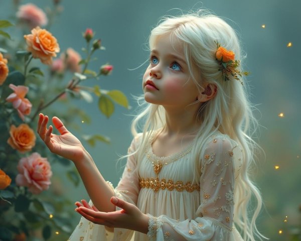 Young girl in cream dress among blooming roses