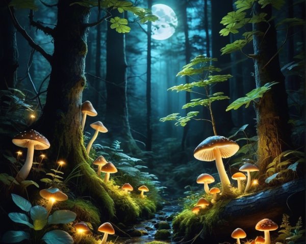 Bioluminescent Mushrooms in a Mystical Night Forest