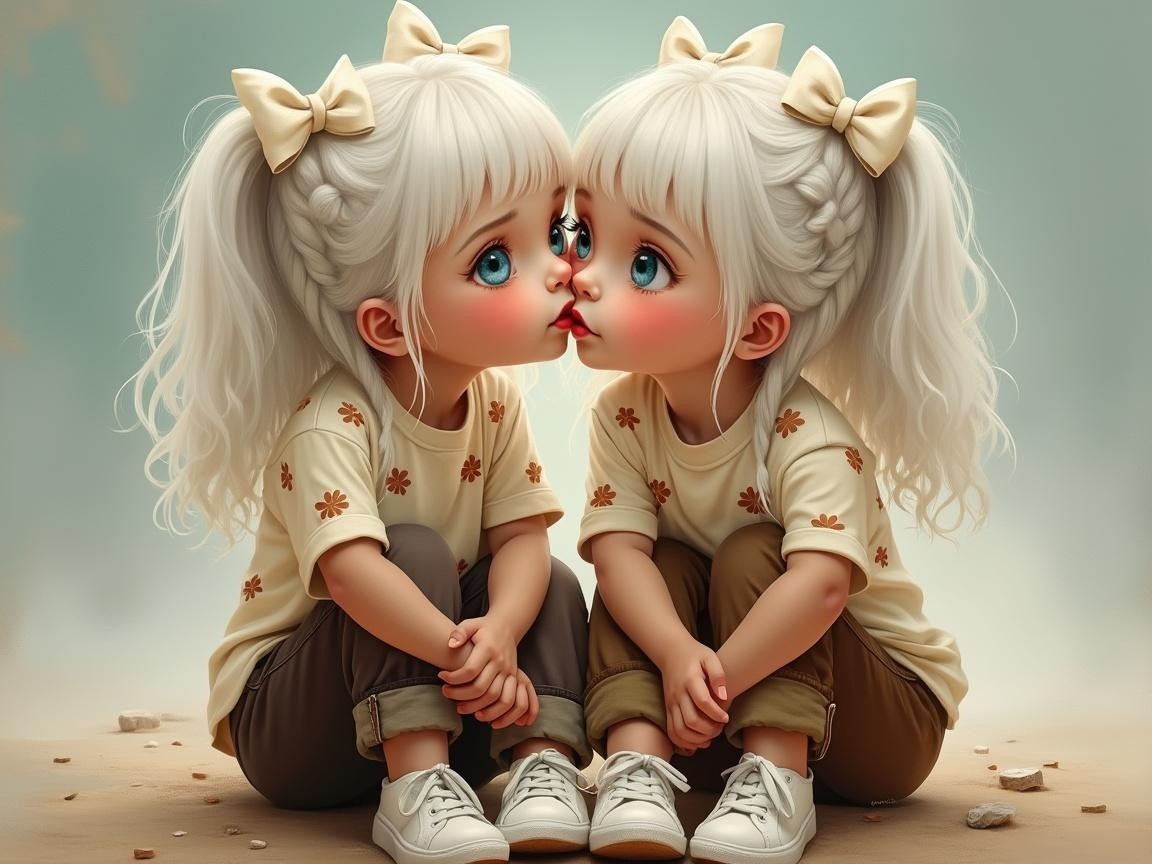Twin girls sharing a sweet moment with gentle kiss