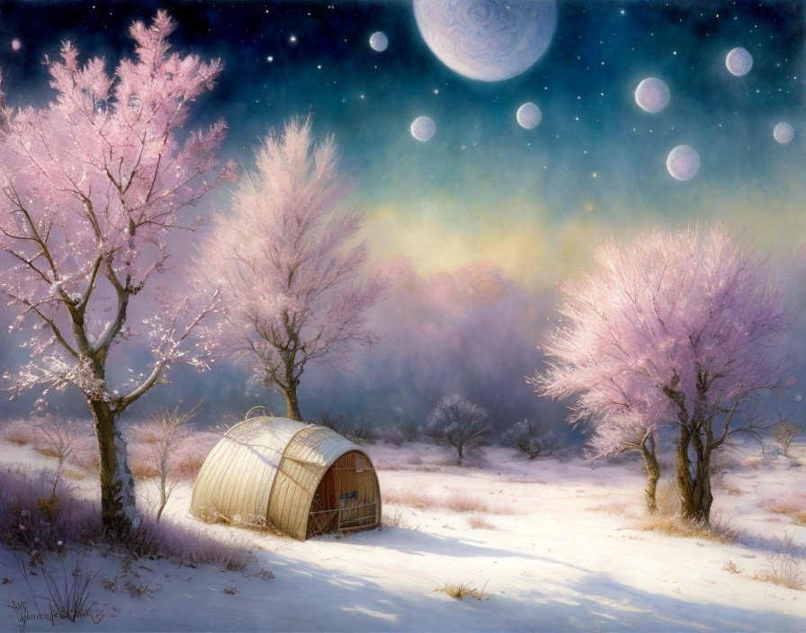 Serene Landscape with Wooden Hut and Cosmic Sky