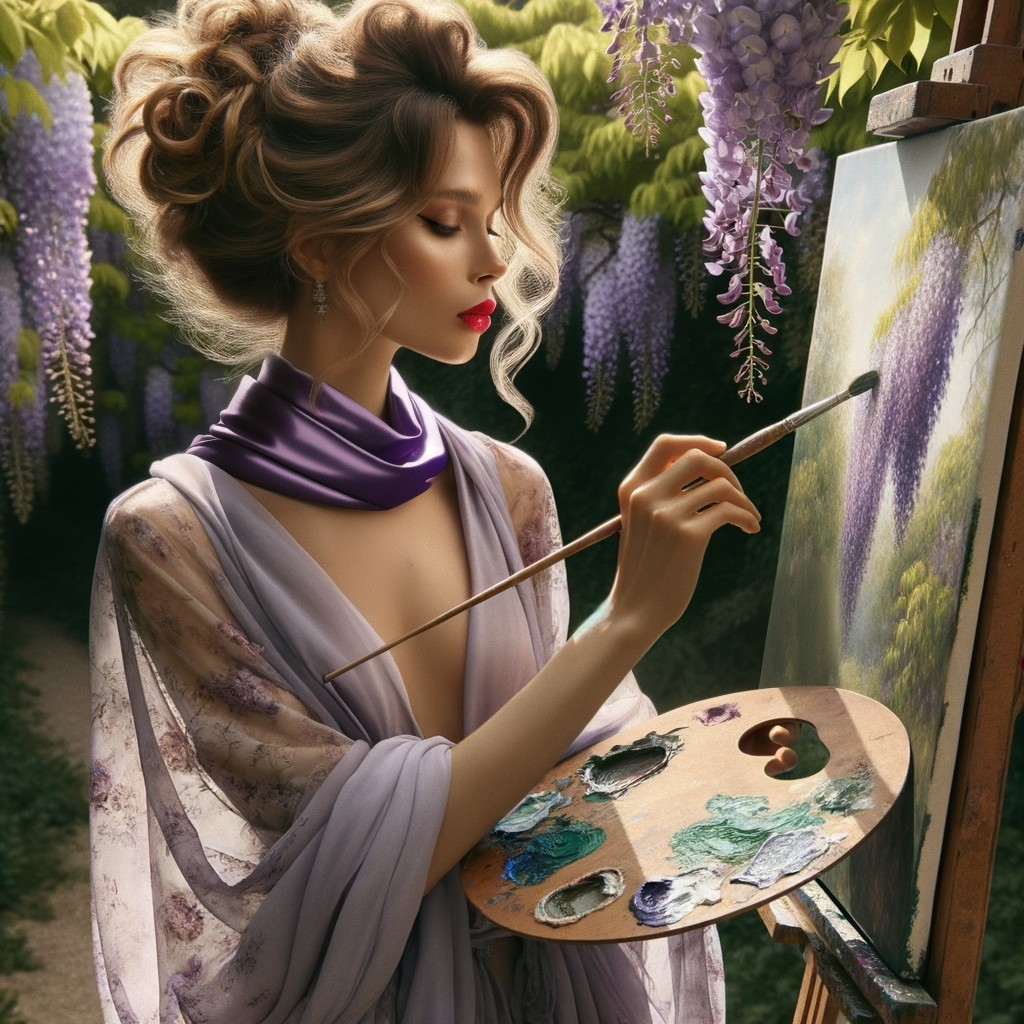 Young Woman Painting in a Lavender Robe in a Garden