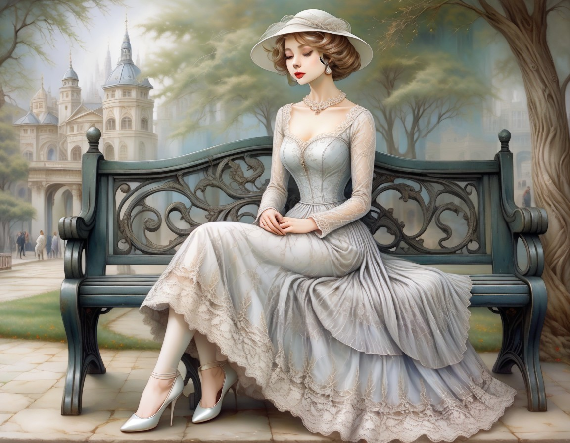 Elegant Woman in Gown on Bench in Serene Park