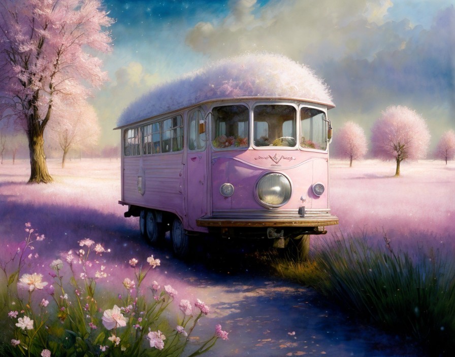 Whimsical Pink Bus in a Dreamy Cherry Blossom Landscape