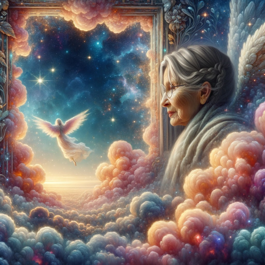 Elderly Woman in Cosmic Landscape with Angelic Presence