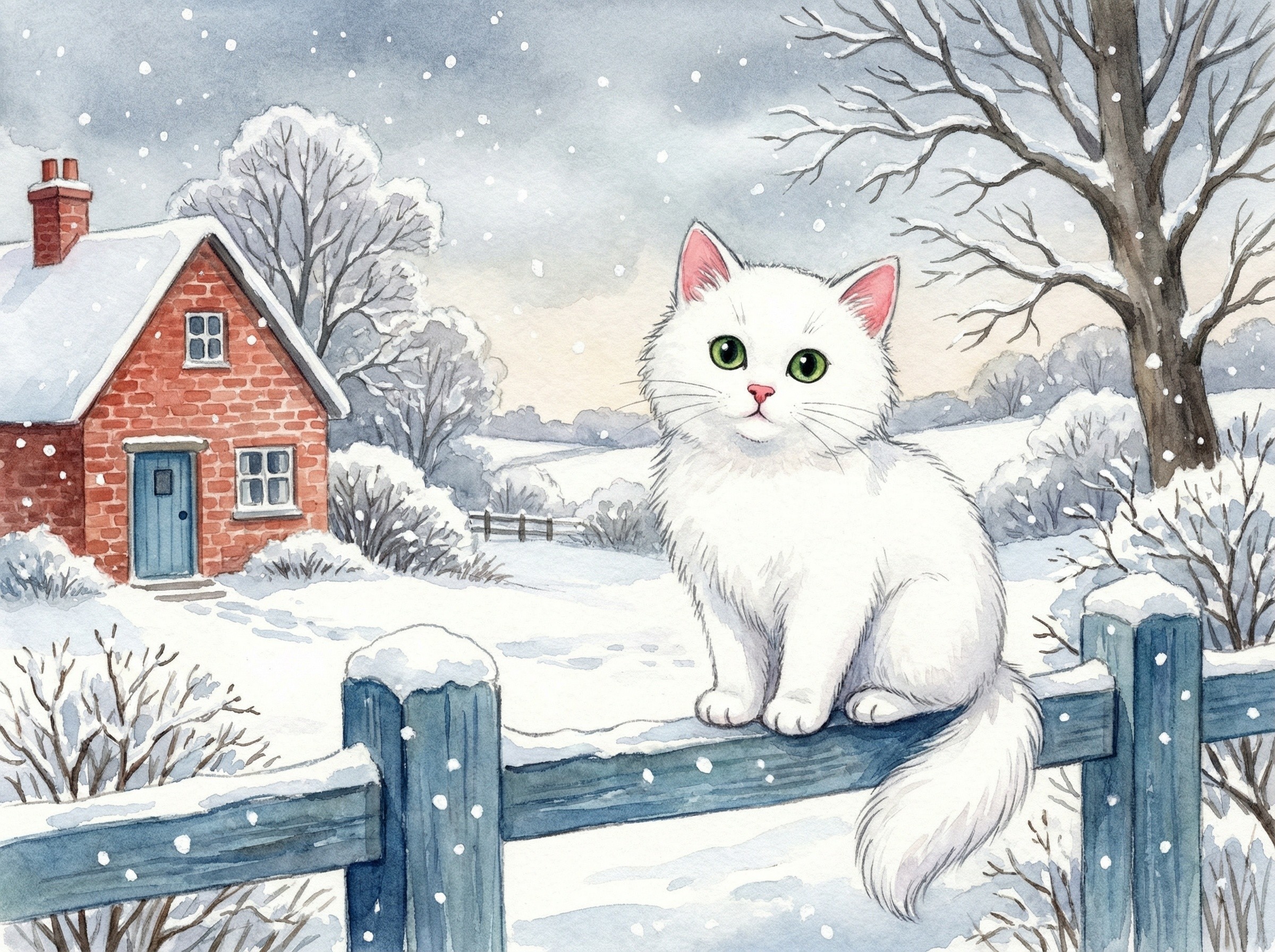 Charming Winter Scene with Kitten and Cozy House
