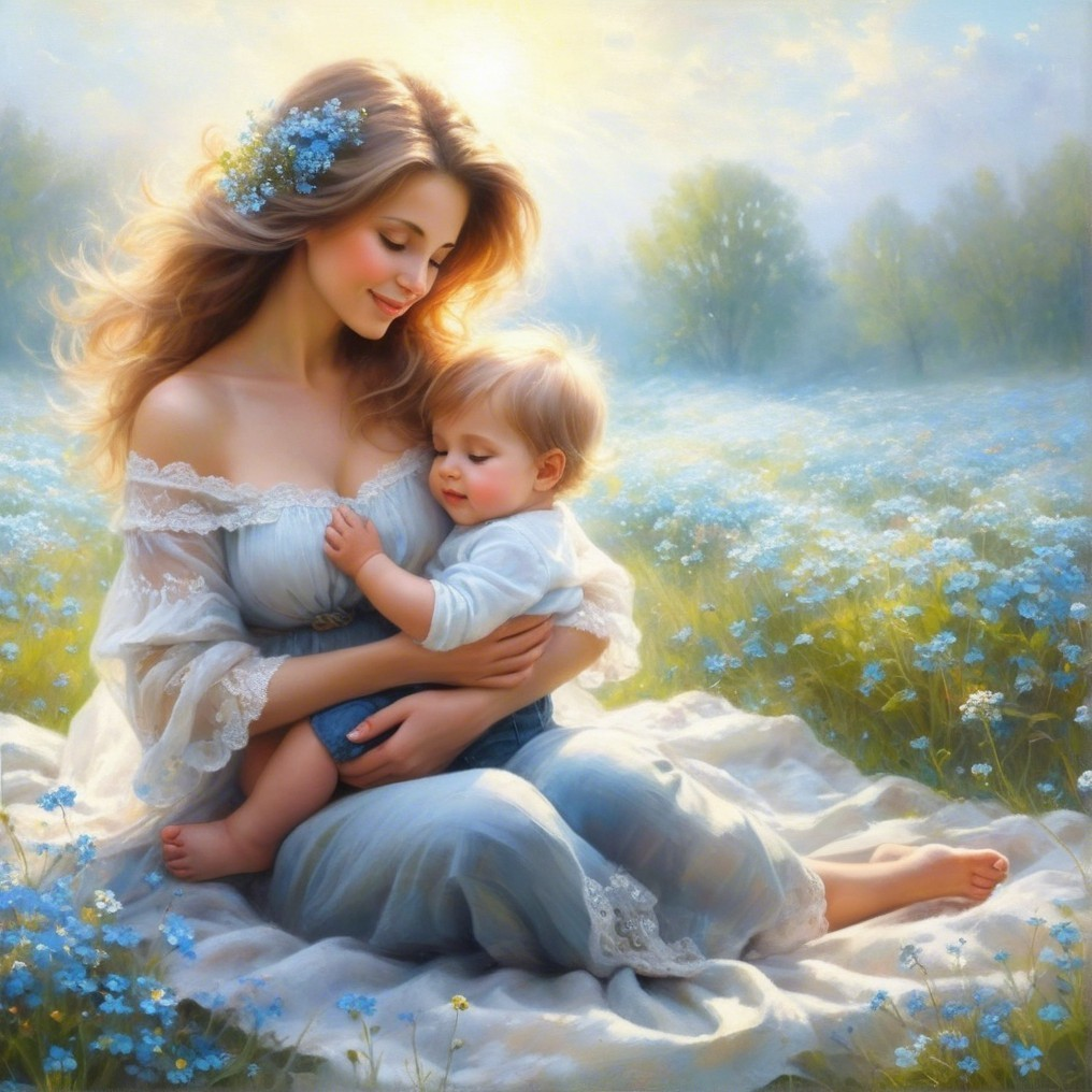 Mother and Child in Sunlit Meadow with Blue Flowers