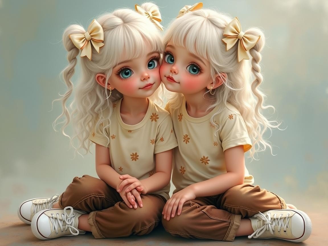 Cartoon Twin Girls in Matching Outfits and Bows