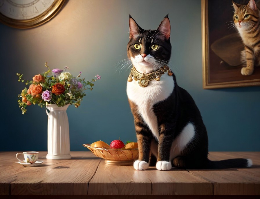 Regal Cat on Table with Flowers and Fruit Bowl