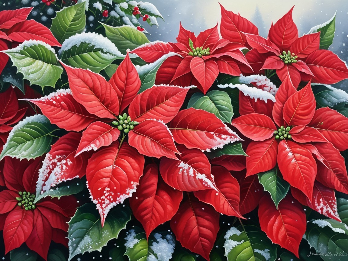 Vibrant Digital Painting of Red Poinsettias in Winter