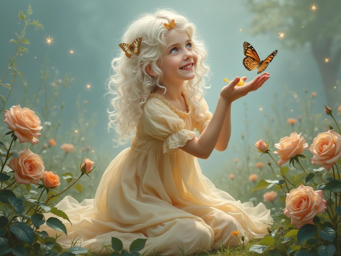 Young girl in yellow dress among blooming roses
