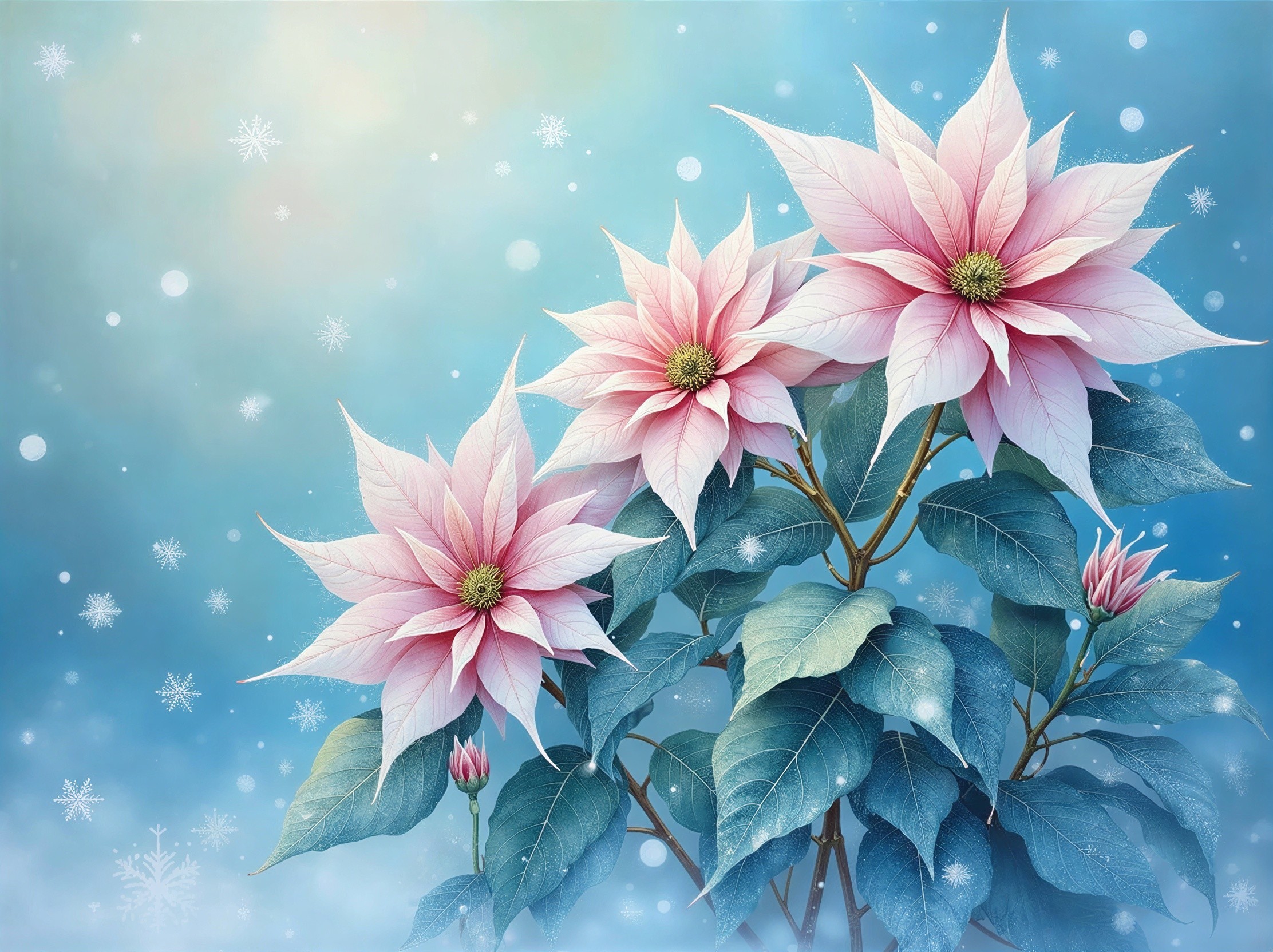 Festive Digital Painting of Poinsettia Flowers