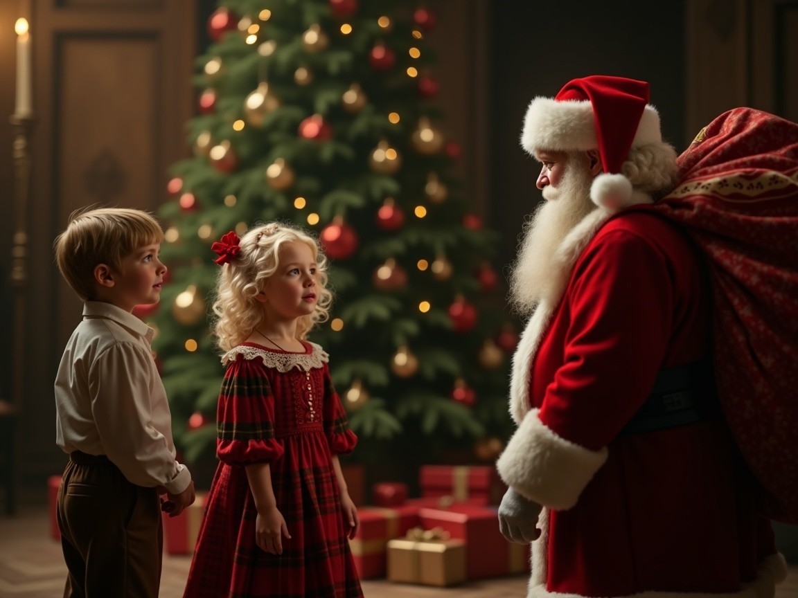 Children in Formal Attire with Santa Claus in Living Room