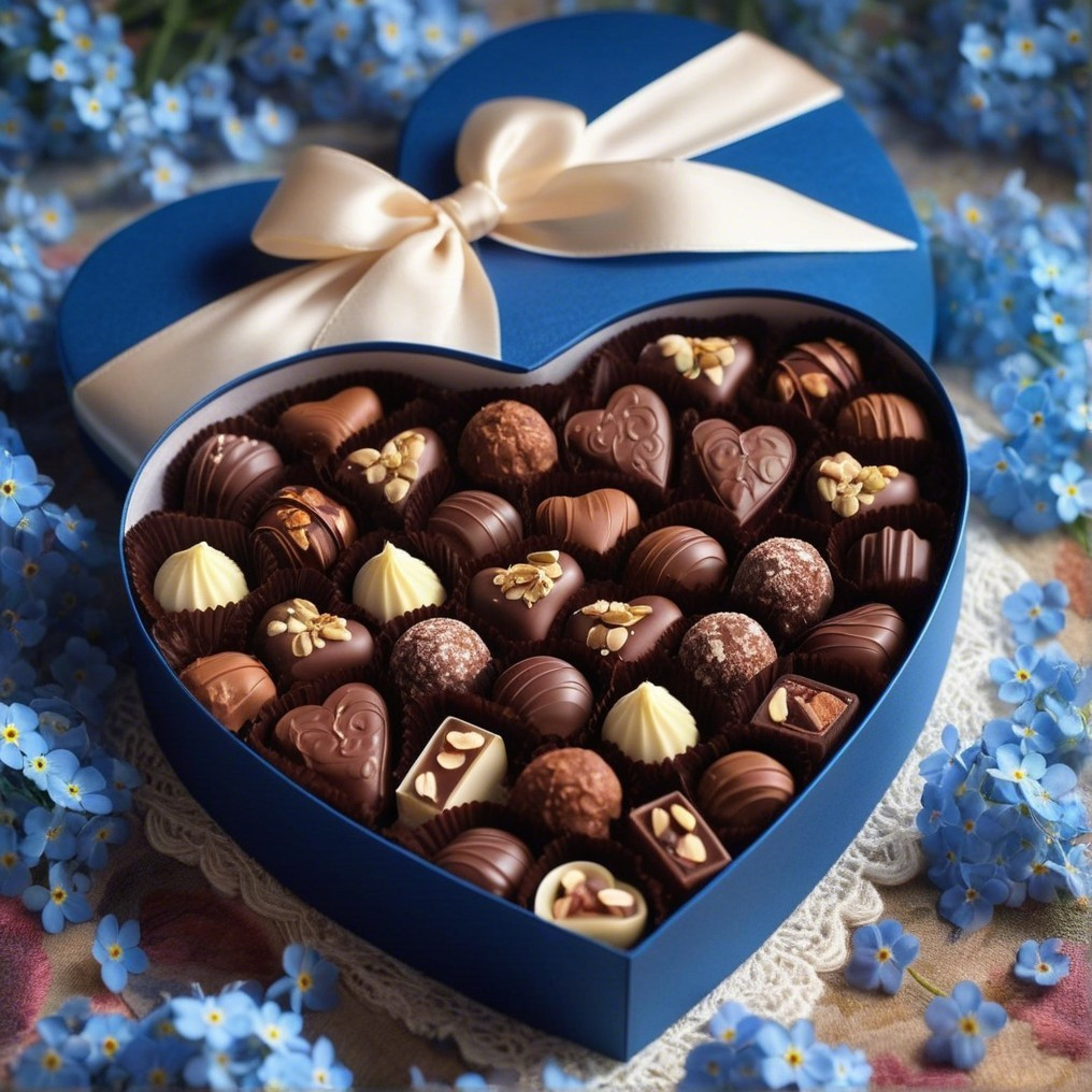 Heart-Shaped Blue Box Filled with Elegant Chocolates