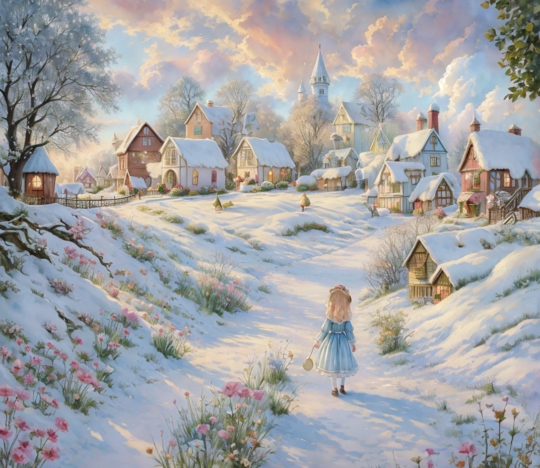 Winter Village Scene with Snowy Cottages and Lantern