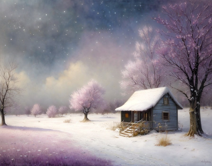 Serene winter landscape with a blue wooden house