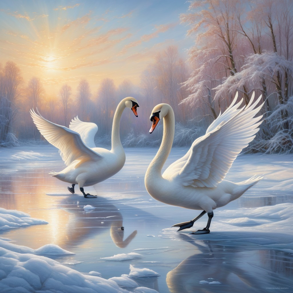 Swans on a Frozen Lake at Sunrise with Frosted Trees