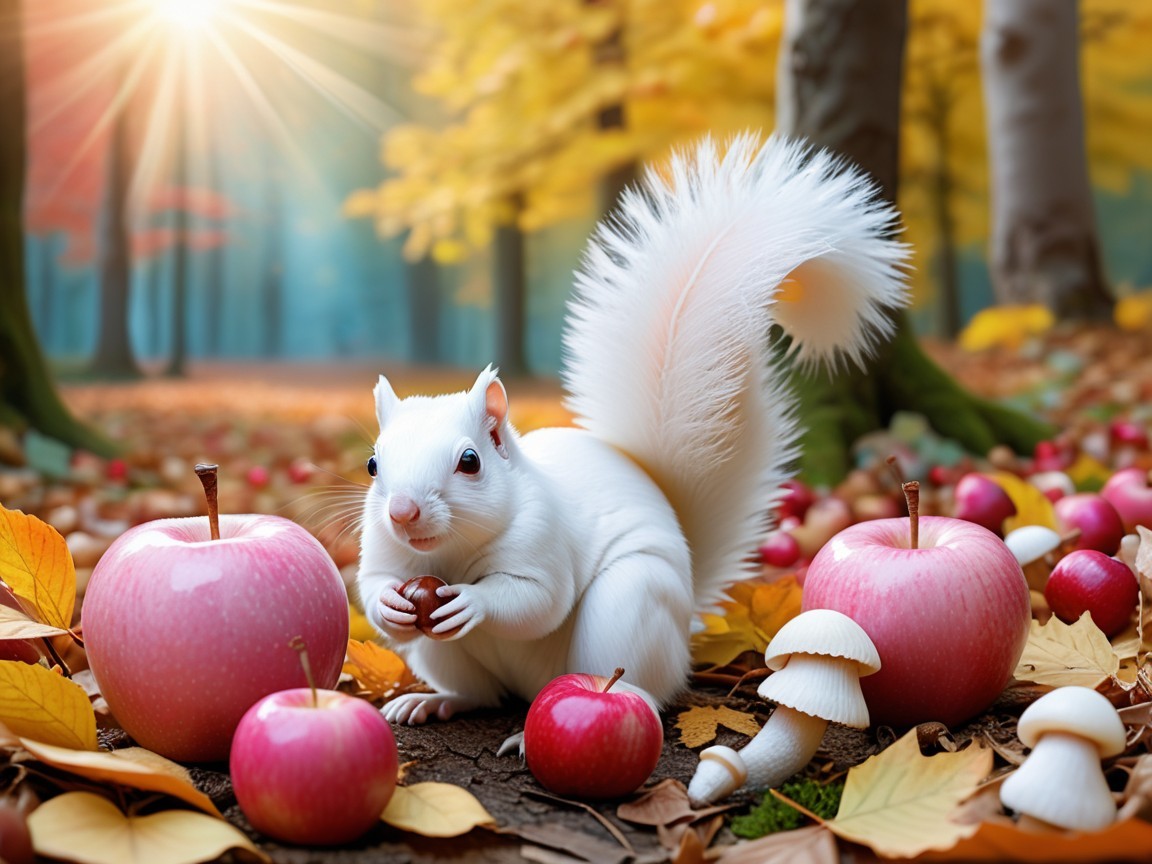 Fluffy White Squirrel in Autumn Forest Setting