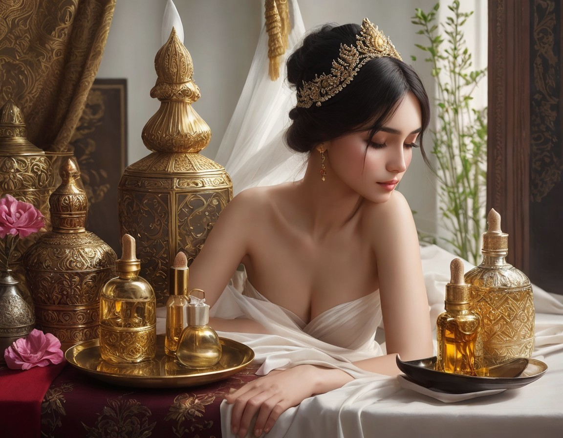 Elegant Woman in White Gown with Gold Accents