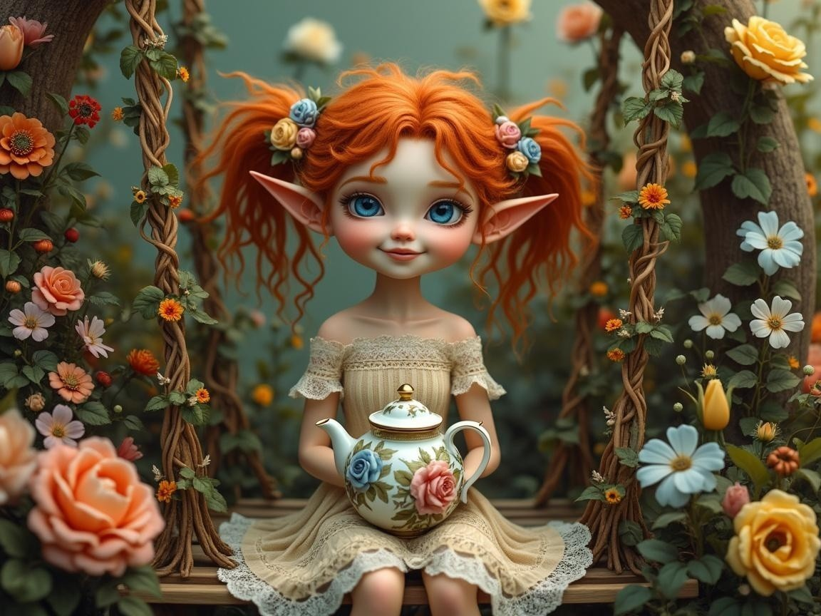 Whimsical Scene of a Girl on a Swing with Teapot