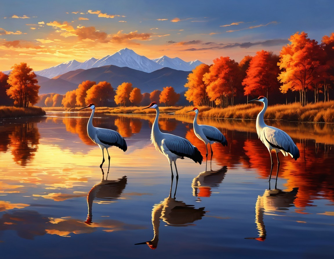 Cranes by River in Autumn Landscape with Mountains